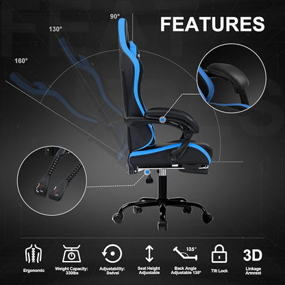 GTPLAYER Gaming Chair High Back Computer Chairs with Foot Rest for Adults, Ergonomic Height Adjustable Recliner Chair 300lbs with Linkage Armrest and Lumbar Support for Home Office, Blue