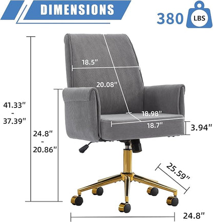 YITAI Stripes Velvet 360°Swivel Desk Chair, Modern Height Adjustable Home Office Armchair with Gold Base and Wheels for Vanity, Comfy Computer Chair for Study Living Room Bedroom（Gray）