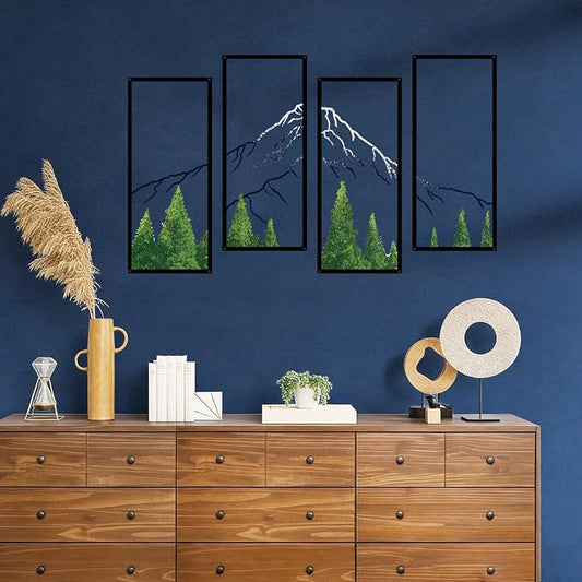 ruelen 4 Pcs Metal Mountain Forest Snow Mountain Wall Decorations，Large Abstract Minimalist Line Drawing Colorful Mountains Wall Art Home Decor for Living Room Bathroom Bedroom Office（Green，Large ）