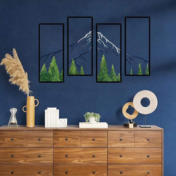 ruelen 4 Pcs Metal Mountain Forest Snow Mountain Wall Decorations，Abstract Minimalist Line Drawing Colorful Mountains Wall Art Home Decor for Living Room Bathroom Bedroom Office（Green，Small）