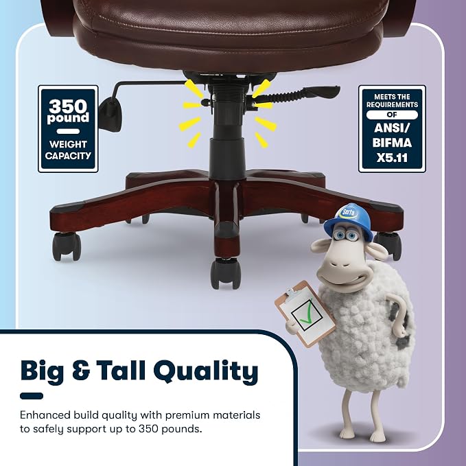Serta Conway Big and Tall Executive Office Chair - Ergonomic Lumbar Support, Bonded Leather, Padded Armrests, High Back Computer Desk Chair, Chestnut Brown