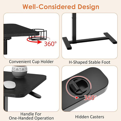 X-cosrack Overbed Bedside Table with Drawer, Adjustable Pneumatic Standing Desk with Wheels, Rolling Laptop Desk with Cup Holder, Computer Cart Movable Over Bed Table for Hospital and Home Use, Black
