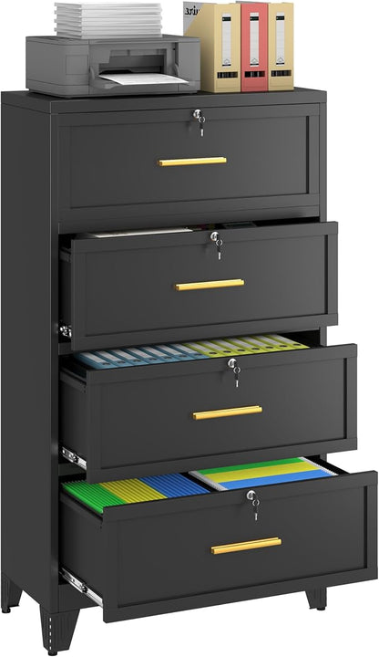 Metal Lateral File Cabinet with Lock,4 Drawer Steel Wide Filing Organization Storage Cabinets for Legal/Letter/A4/F4 Size with Hanging Files&Key,Lockable Printer Stand for Home Office, Black