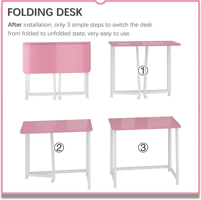 4NM 31.5" Mobile Small Folding Desk, Foldable Rolling Computer Home Office Desk, Study Writing Table for Small Space Saving Bedroom, with Wheels - Pink and White