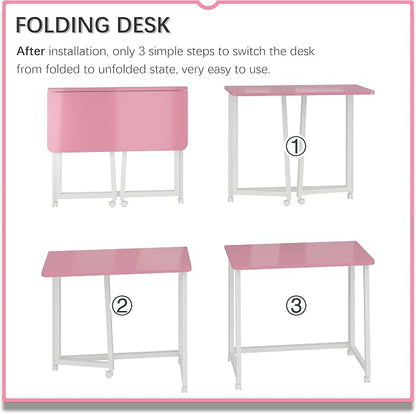 4NM 31.5" Mobile Small Folding Desk, Foldable Rolling Computer Home Office Desk, Study Writing Table for Small Space Saving Bedroom, with Wheels - Pink and White