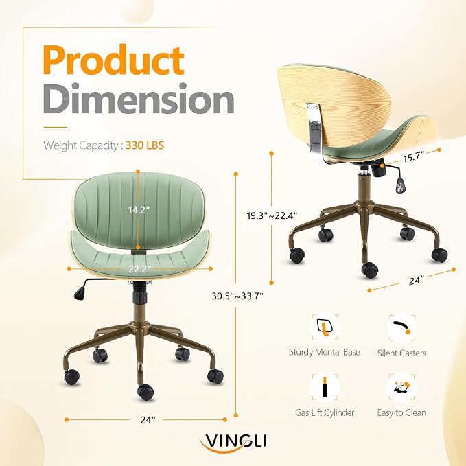 VINGLI Wide Comfotable Swivel Home Office Chair with Wood-Grain Curved Shell,Ergomomic Mid-Back Padded Armless Rolling Desk Chair with Wheels,Height Adjustable for Computer,Task,Work,PU Leather,Green