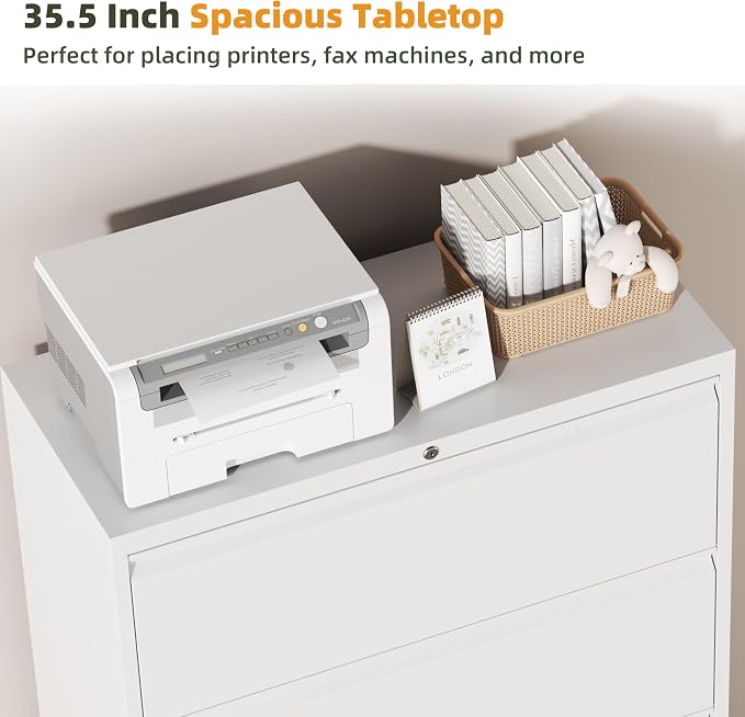 Lateral File Cabinet, 2 Drawer Metal File Cabinet with Lock, Lateral Filing Cabinet for Home Office, Office Organization Cabinet for Letter/Legal/F4/A4 Size,White