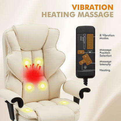 HOMREST 6-Point Massage Executive Chair,Heat Office Chair,Ergonomic Home Office Desk Chairs with Retractable Footrest and Reclining Function,Leather Computer Chair with Adjustable Armrest(‌Off White)
