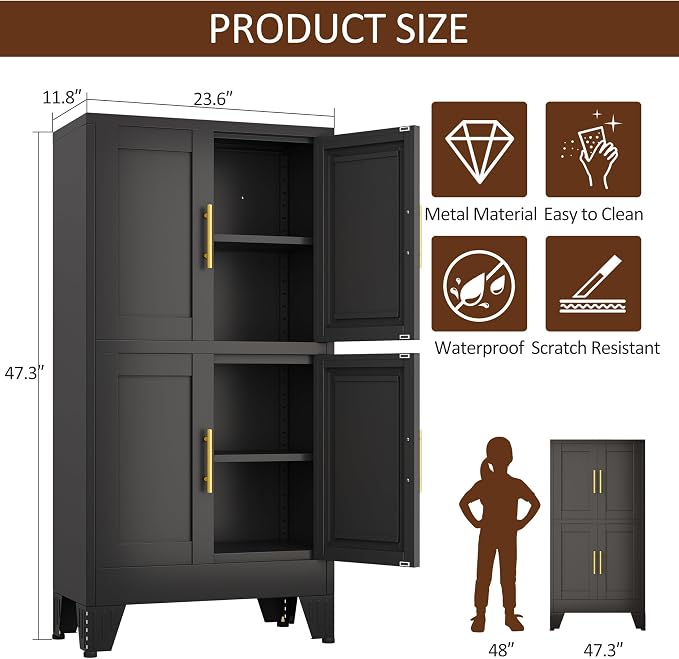 pozdeg Metal Storage Cabinet, 47.2" H Pantry Kitchen Storage Cabinets with 4 Doors and 2 Adjustable Shelves, Versatile Buffet Sideboards Cupboard for Home Office Garage or Gym (Black)