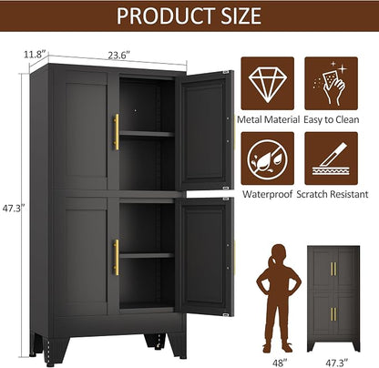 pozdeg Metal Storage Cabinet, 47.2" H Pantry Kitchen Storage Cabinets with 4 Doors and 2 Adjustable Shelves, Versatile Buffet Sideboards Cupboard for Home Office Garage or Gym (Black)