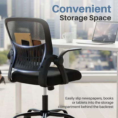 DUMOS Home Office Desk Chair - Ergonomic Computer Mesh Chair with Lumbar Support & Rocking Mode, Height Adjustable, Flip-up Armrest, for Conference, Meeting Room, 360° Swivel, Adults, Black