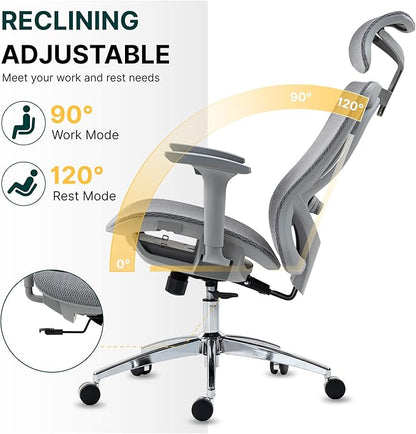 Ergonomic Mesh Office Chair, 3D Adjustable Armrests Desk Chair with 360° Swivel Silent Casters, 90°-120° Reclining Backrest Adjustable Gaming Chair for Home Office