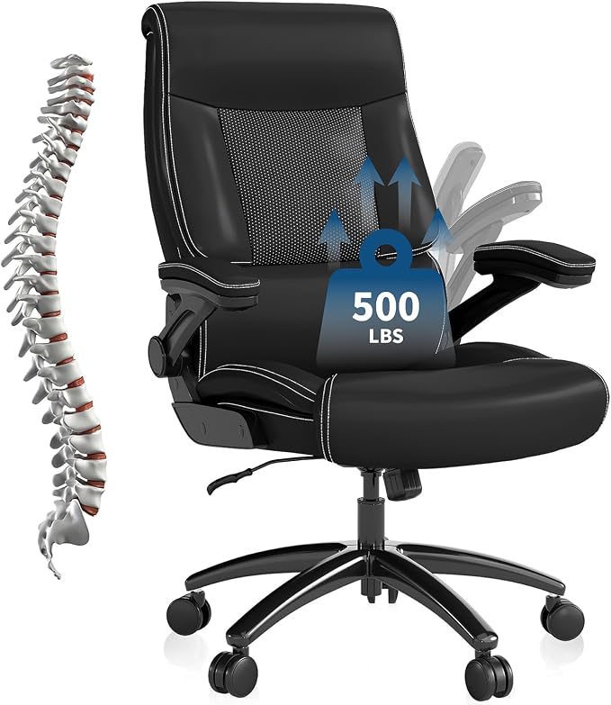 Ergonomic Big and Tall Office Chair, 500LBS PU Leather Executive Desk Chair with Lumbar Support and Flip-up Armrests, High Back, for Home and Office, Black