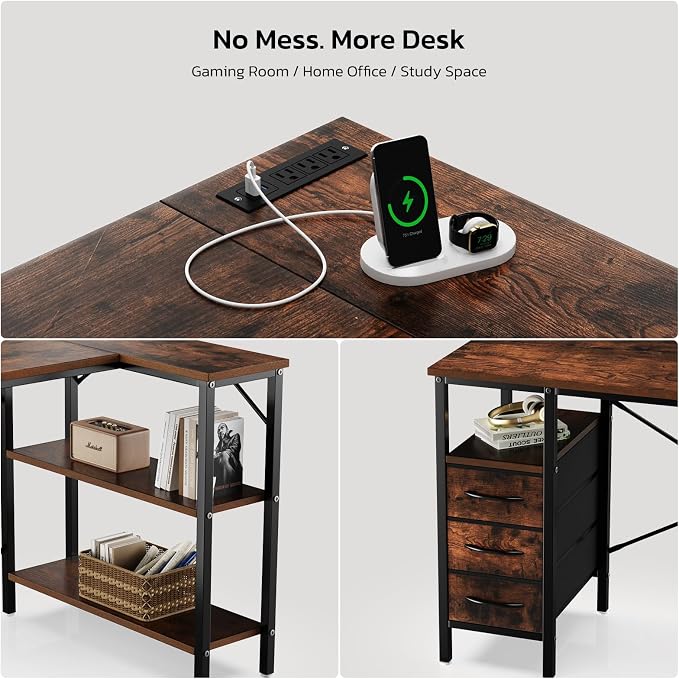 Simple Deluxe L Shaped Gaming Desk with Power Outlets, 47 Inch Computer Desk with 3 Drawers, Shelves, Corner Computer Desk for Gaming, Corner Work, Home Office, Study, Rustic Brown