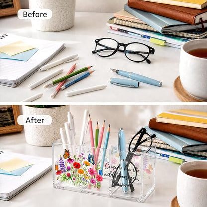 3 Compartments Funny Floral Acrylic Desk Organizer, Pen Holder & Makeup Organizer for Women, Colorful Wildflower Office Gifts for Coworker, Aesthetic Desk Decor for Women Vanity Office School