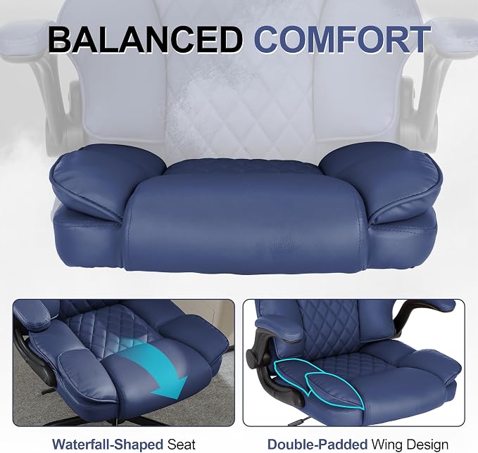 Office Desk Chair,Mid Back Executive Leather Chair,Ergonomic Home Computer Chair,Modern Conference Room Chairs with Adjustable Flip-Up Arms and Rocking Function (Navy Blue)