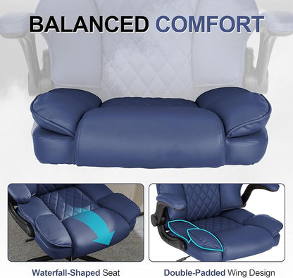 Office Desk Chair,Mid Back Executive Leather Chair,Ergonomic Home Computer Chair,Modern Conference Room Chairs with Adjustable Flip-Up Arms and Rocking Function (Navy Blue)