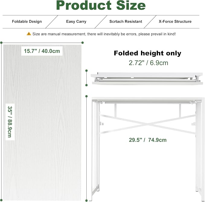 Lutown-Teen Small Folding Desk 35 inch, No Assembly Required Narrow Office Desk, Writing Gaming Computer Camping Table, White