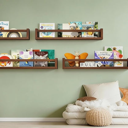 Fixwal Nursery Book Shelves, 23.6 Inch Floating Bookshelves for Wall Set of 4, Baby Nursery & Playroom Decor, Solid Wood Wall Mounted Shelves for Books and Toys Storage (Brown)