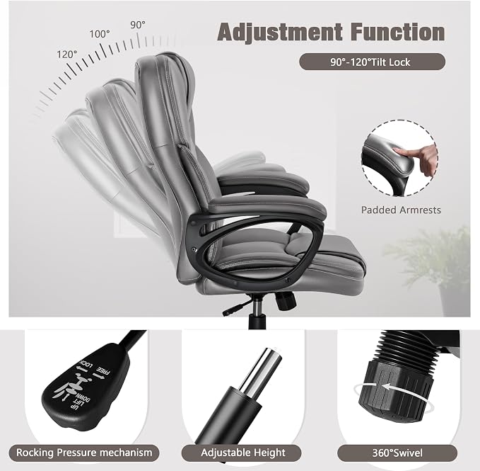 JUMMICO Executive Office Chair High Back Managerial Home Desk Chair, Adjustable Swivel Computer PU Leather Chair with Lumbar Support (Gray)
