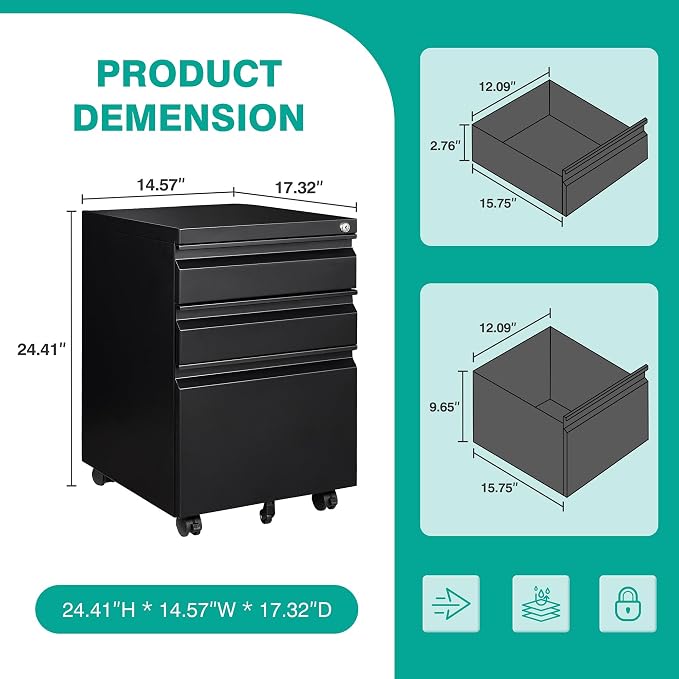 SISESOL 3 Drawer Mobile File Cabinet with Lock,Black Under Desk File Cabinets with Wheels,Rolling Metal Filing Cabinet for Home Office,Fit Legal/Letter/a4 File,Fully Assembled Except Caster