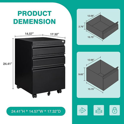 SISESOL 3 Drawer Mobile File Cabinet with Lock,Black Under Desk File Cabinets with Wheels,Rolling Metal Filing Cabinet for Home Office,Fit Legal/Letter/a4 File,Fully Assembled Except Caster