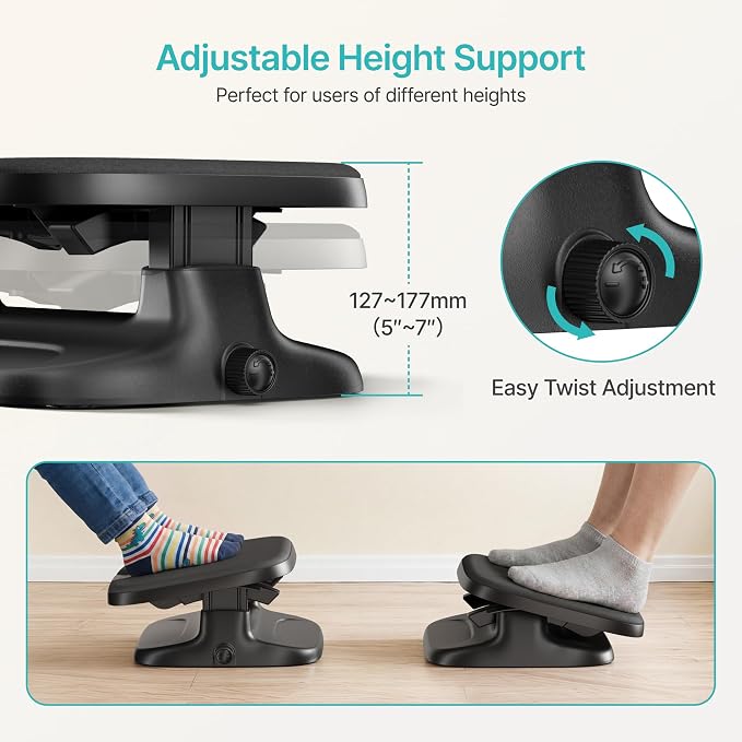 PEGZONE Under Desk Footrest, Adjustable Foot Rest with Height and Degree Angle,Ergonomic Desk Foot Rest with Memory Foam, Foot and Leg Rest for Home & Office, Black