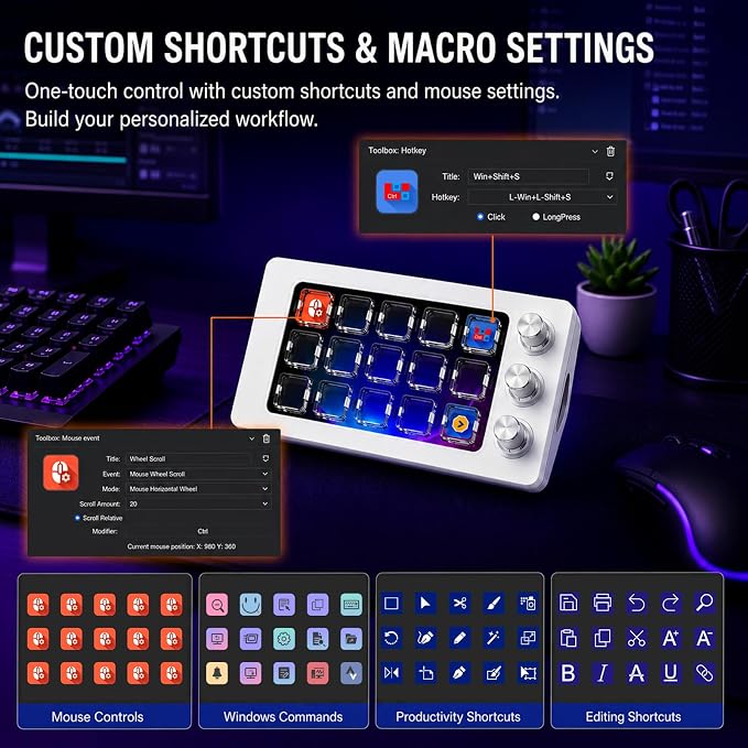 Stream Controller Deck for PC Work and Live Streamers,Macro Pad for Video and Image Editing,World's First-Ever Transparent Magnetic Stream Dock(White)