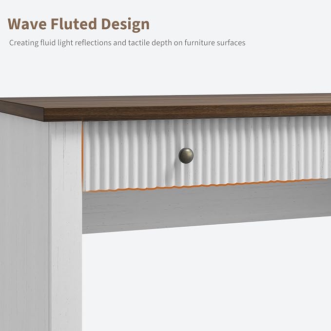 Garvee Fluted Home Office Desk with File Drawer, 54" Modern Executive Desk with Charging Station, Wooden Computer Writing Desk for Home Office, Study Room, White