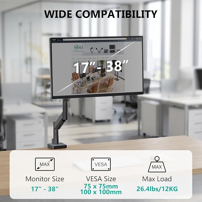 WALI Extra Long Single Monitor Arm for 17-38 inch Screens, up to 26.4 lbs | Tall Monitor Desk Mount, Full Motion with Tilt, Swivel, Rotation, C-Clamp/Grommet Base, VESA 75/100mm (GSMP001L), Black