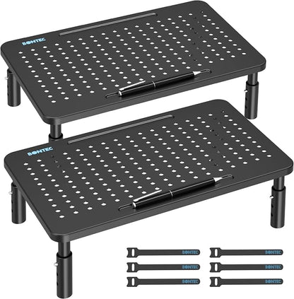 BONTEC Monitor Stand for Desk 2 Pack, 3-Level Height Adjustable Metal Monitor Riser, 14.5 x 9.1 in Ergonomic Computer Stand with Pen Holder & Cable Management for Printer, Laptop, Office Workstation