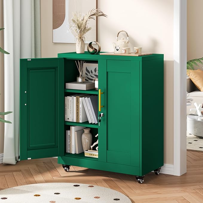 36" Metal Garage Storage Cabinet with Lock and Wheels,Rolling Steel Locker Organizer,Office File Cabinet with 2 Doors and 2 Adjustable Shelves,Tool Cabinets for Home Office,Gym,School (Green)