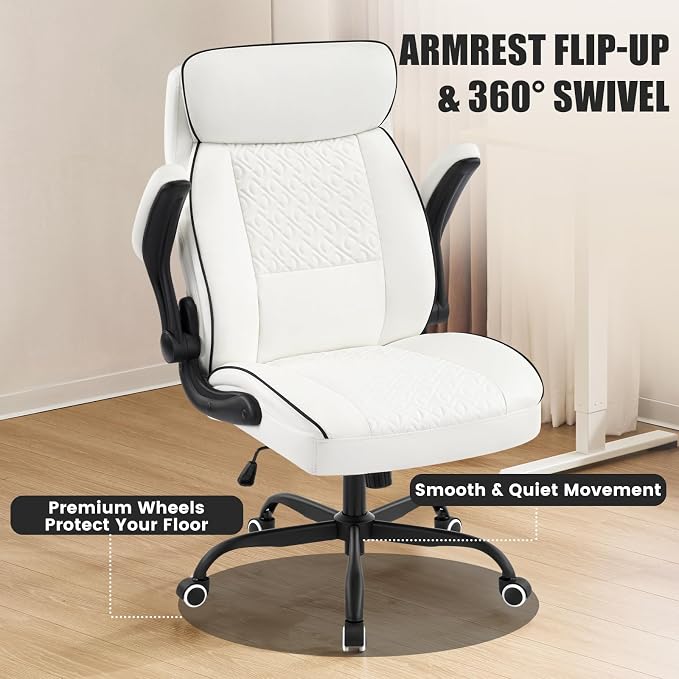 White Office Chair 400lbs, Modern Executive Desk Chair with Lumbar Support, Comfortable Computer Chair with Flip-up Armrests, Adjustable Height Swivel Reclining Chair for Home Office, Faux Leather