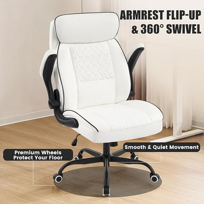 White Office Chair 400lbs, Modern Executive Desk Chair with Lumbar Support, Comfortable Computer Chair with Flip-up Armrests, Adjustable Height Swivel Reclining Chair for Home Office, Faux Leather