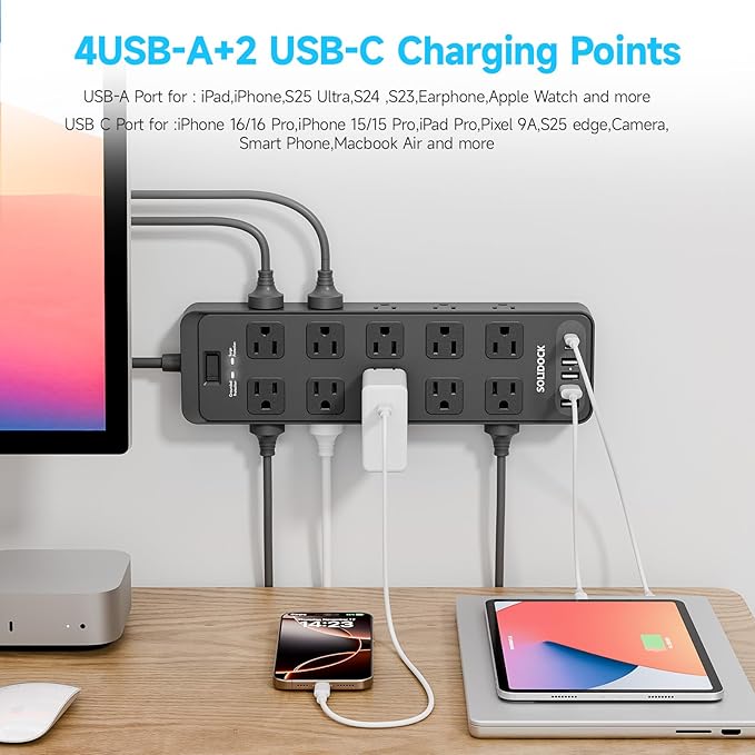 20AC Power Strip with USB Ports, Heavy Duty Surge Protector Power Strip 15 Amp, 6Ft Extension Cord with Multiple Outlets