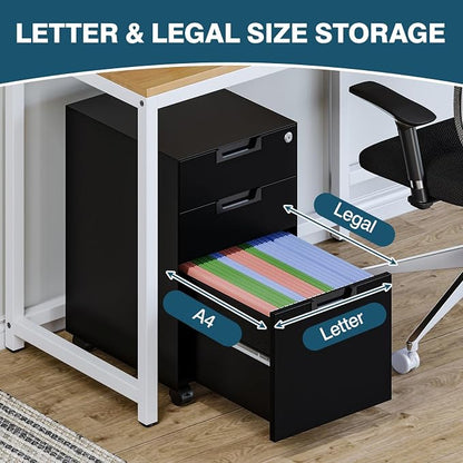 MIIIKO 3 Drawer Filing Cabinet with Lock, Metal Black Vertical File Cabinets for Home Office, Full Assembled File Cabinets Under Desk, Letter/Legal/A4 File Folders Storage