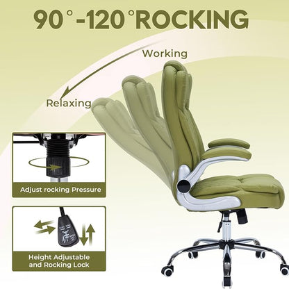 400lbs Executive Office Chair with Flip-Up Armrests, Big and Tall Computer Chair for Heavy People, Heavy Duty Ergonomic Comfy Chair, Breathable PU Leather (Green)