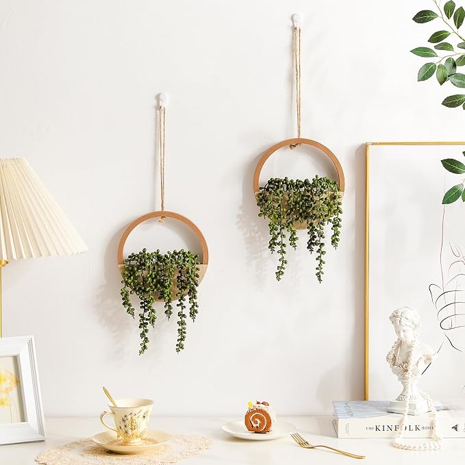 2 Pack Fake Plants Artificial Wall Hanging Plants, Boho Hanging Planter Fake Succulents Artificial String of Pearls in Wooden Pots with Lanyard for Home Office Wall Decoration