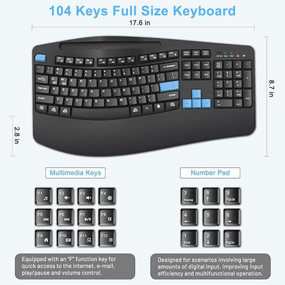 Wireless Keyboard and Mouse Combo, 2.4G Full Size Wave Keys Ergonomic Keyboard with Wrist Rest, Phone Holder, 3-Level DPI Wireless Silent Mouse with 6-Buttons, for Windows, Mac OS, Laptop (Blue Black)