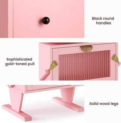 RoyalCraft Large Nightstand with LED Lighs, Pink End Table with 360°Rotating Drawer, Modern Bedside Table with Storage, Wood Night Stand for Bedroom, Home Office, Pink