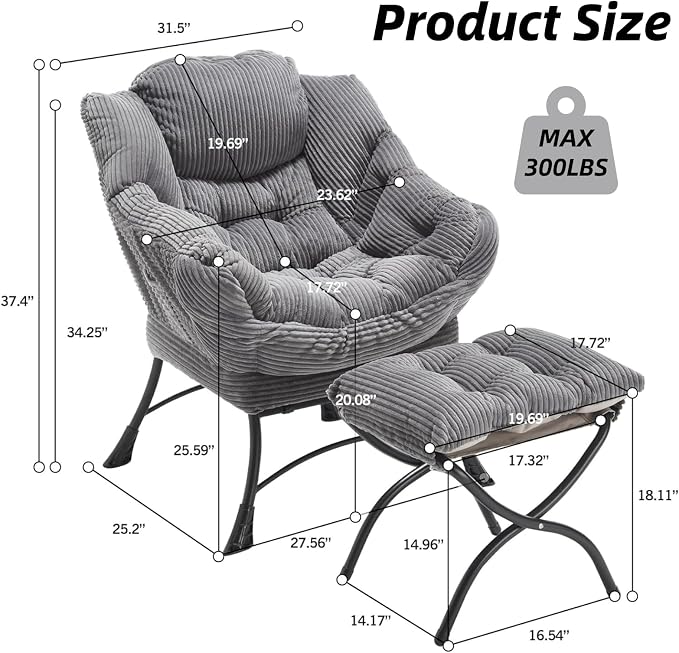 Modern Lazy Chair with Ergonomic Ottoman, Comfortable Lounge Chair with Footrest for Space Saving, Comfy Reading Armchair for Living Room, Bedroom, Office, Grey