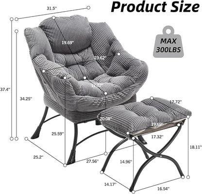 Modern Lazy Chair with Ergonomic Ottoman, Comfortable Lounge Chair with Footrest for Space Saving, Comfy Reading Armchair for Living Room, Bedroom, Office, Grey