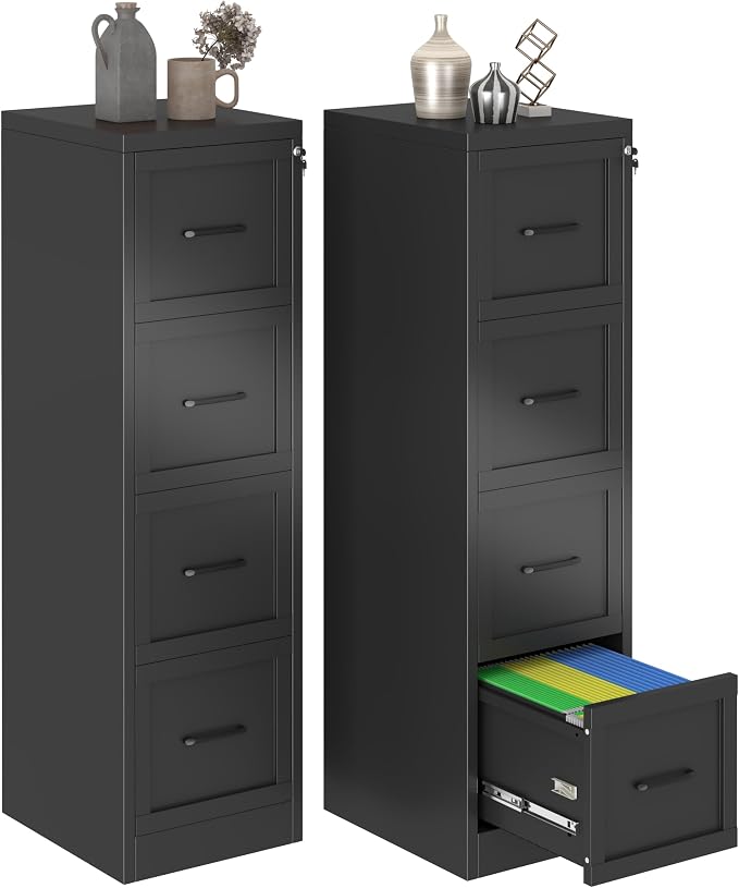 GAIOUS Metal Vertical File Cabinet with Lock, Home Office 4 Drawer Cabinet | 4 Drawer Filing Cabinet, Beside Desk File Cabinet, Black Lockable Storage Cabinet, Fits Letter/Legal/A4 Size