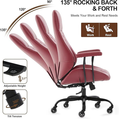 Office Chair with Rubber Wheels, Ergonomic Computer Chair 500 lbs, Leather Desk Chair with Lumbar Support, Executive Chair Adjustable Height & Recline, Red | Ergonomic, Lumbar Support, 360° Swivel & Rolling Wheels, Adjustable Height, for Adults & Women