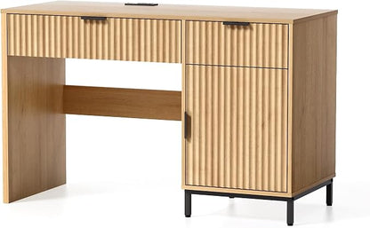 EYYTHUNG 47" Fluted Executive Desk, Modern Wood Home Office Desk with Charging Station, Drawer & Cabinet, Computer Writing Desk for Work Study, Natural Oak