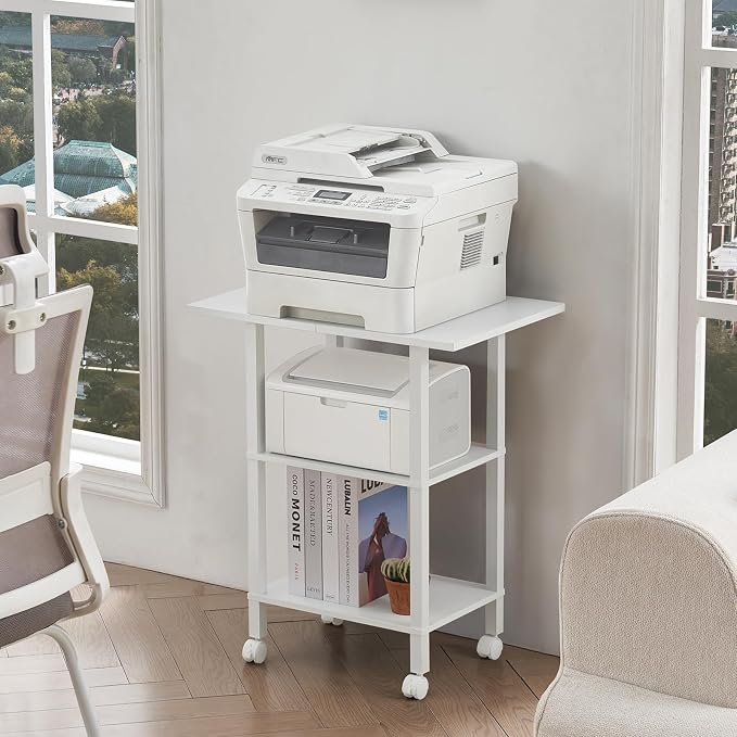 YUFAM White 3 Tier Home Printer Stand with Storage, Wooden Mobile Printer Table Shelf, Rolling Printer Cart Shelf with Lockable Wheels fit Fax Machine, Scanner