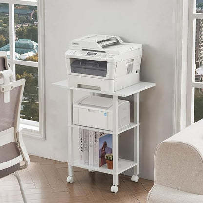 YUFAM White 3 Tier Home Printer Stand with Storage, Wooden Mobile Printer Table Shelf, Rolling Printer Cart Shelf with Lockable Wheels fit Fax Machine, Scanner