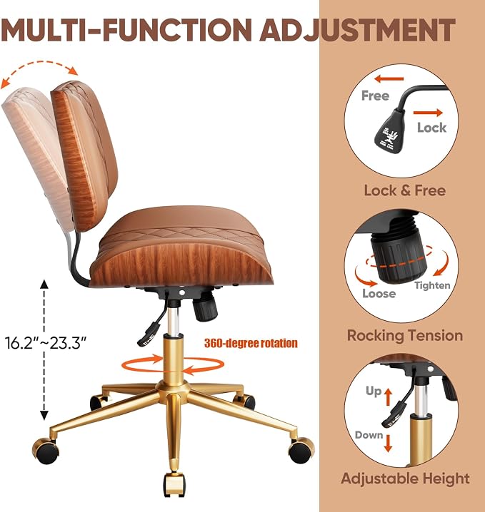 Home Office Desk Chair with Swivel Wheels, Mid-Century Modern PU Leather Armless Office Chair, Small Mid Back Computer Chair for Home Office, Meeting Room