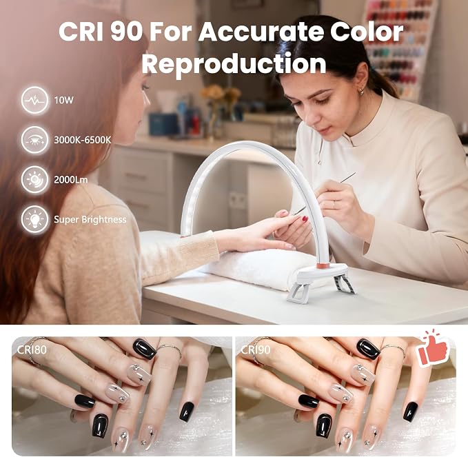 Yokilly Arc Half Moon Light: 16" Half Moon Light with Foldable Bracket for Desk Salon Table Use - No Flicker & Shadow-Free Desk Lamp with Stepless Brightness 3000-6500K for Manicurist Nail Tech