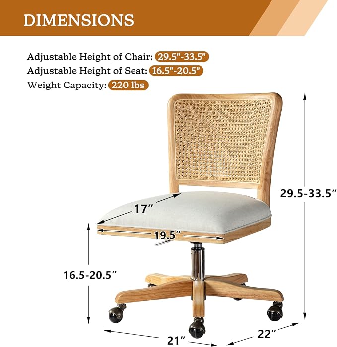 Modern Home Office Chair Comfortable Upholstered Armless Desk Chair, Adjustable Swivel Rolling Computer Chair with Rattan Mid-Back Support, Linen